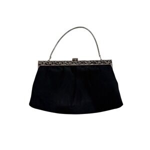 Ande Vintage Black Satin Evening Clutch Bag Silver Ornate Frame Chain Strap